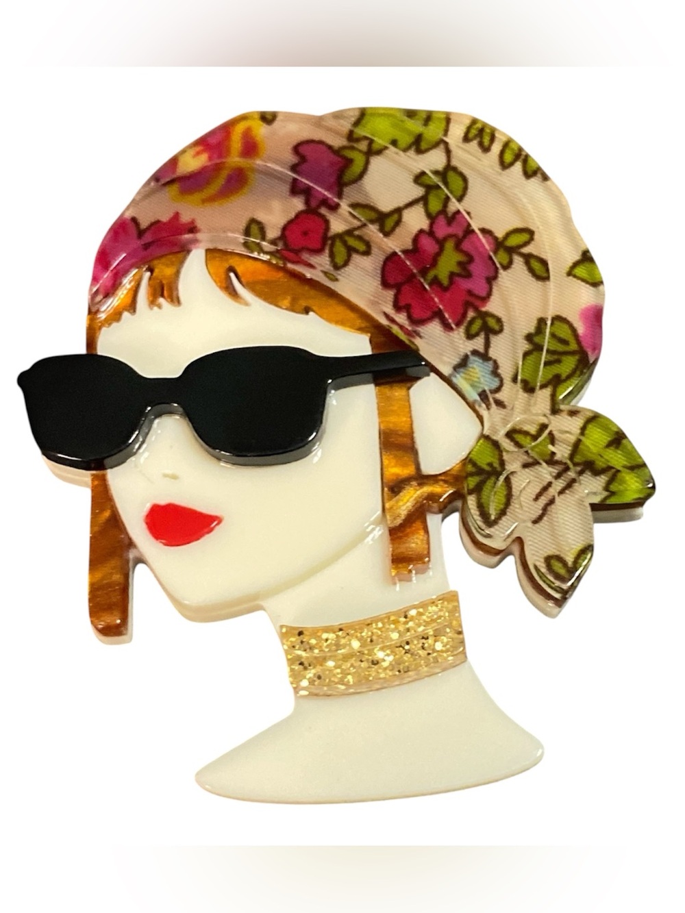 Floral Scarf Woman Acrylic Brooch — Multicolor